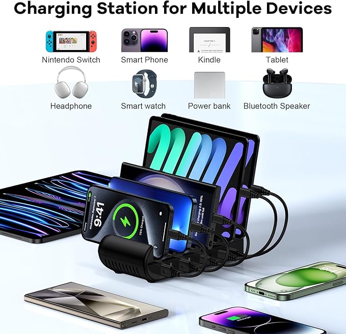 Charging Station, 65W 8 Ports Multi Charger Station USB Charging Dock for Multiple Devices for Samsung Galaxy A16 A15 5G A17 A14 A13 S26 Ultra S25 FE S24 S23 S22 A56 A36, iPhone 17e 16e 17 16 Pro Max
