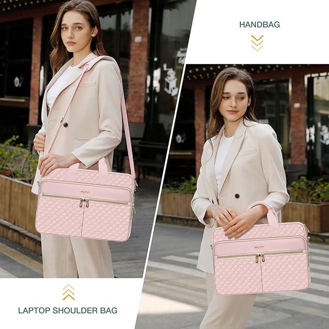 MOSISO 17-17.3 inch Laptop Bag, Laptop Briefcase Messenger Compatible with Dell, HP, Lenovo, Asus, Acer, Alienware, Square Quilted Computer Bag Work Office Business with 3 Pockets&Strap, Pink