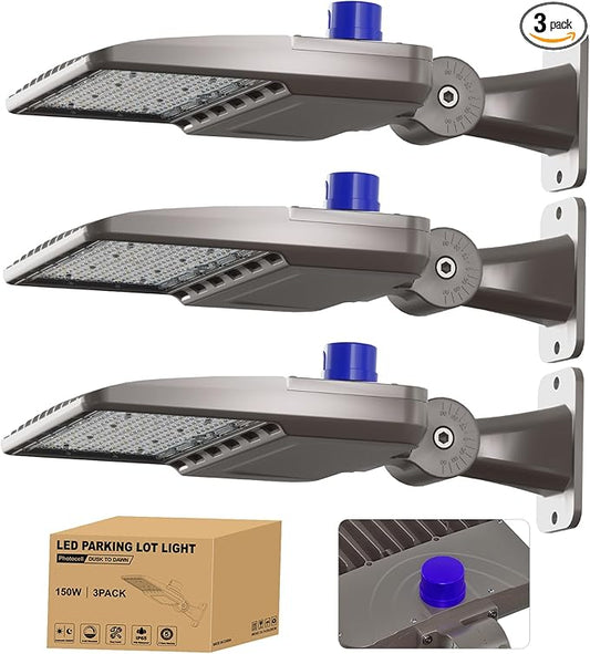 LED Parking Lot Light 150W (3 Packs), LED Shoebox Light with Arm Mount, 21000LM, 5000K Daylight, IP65 Waterproof, UL & ETL Certified, Dusk to Dawn, LED Area Light for Parking Lot and Roadway