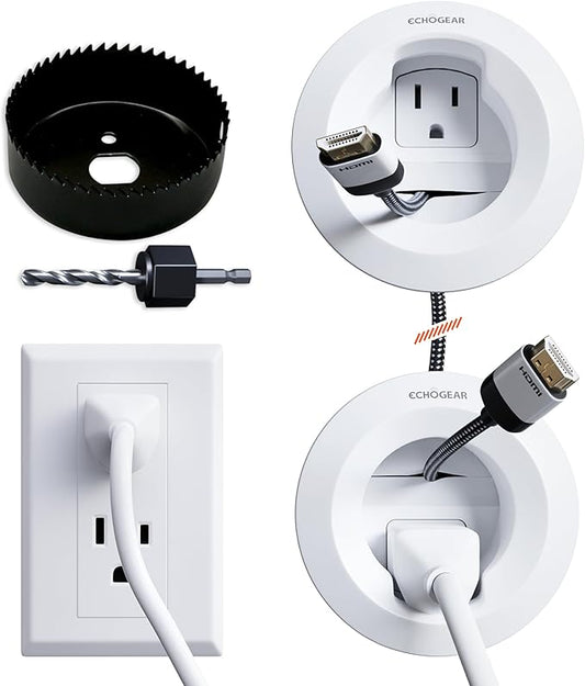 ECHOGEAR in-Wall Cable Management Kit for Power & Low Voltage Cords – Hide TV Wires Behind the Wall – Includes 3.75” Diameter x 3.25” Depth Modules, 6ft Extension Cord, Drywall Hole Saw Attachment by ECHOGEAR
