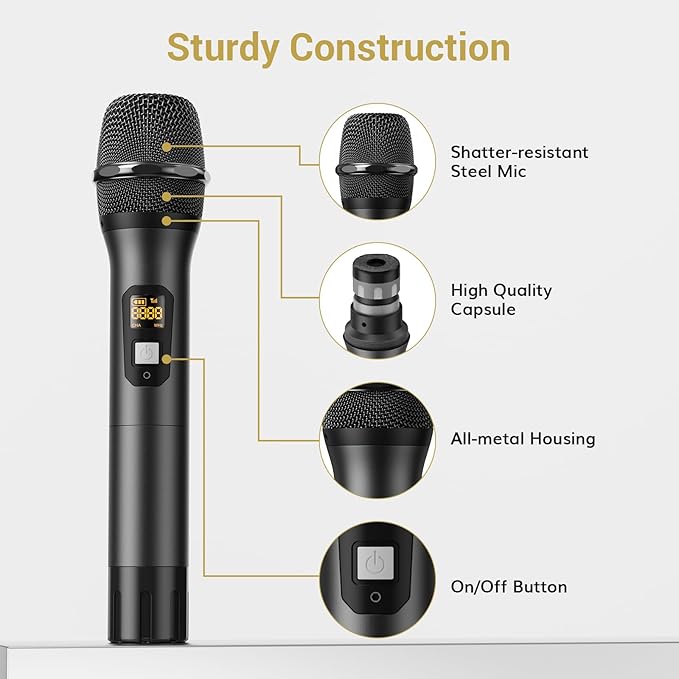 TONOR Wireless Microphones System, 2 * 15 Channel Metal Professional UHF Cordless Dynamic Handheld Mics with Receiver for Home Karaoke, Meeting, Party, Church, DJ, Wedding, KTV, 200ft, TW-820 Black