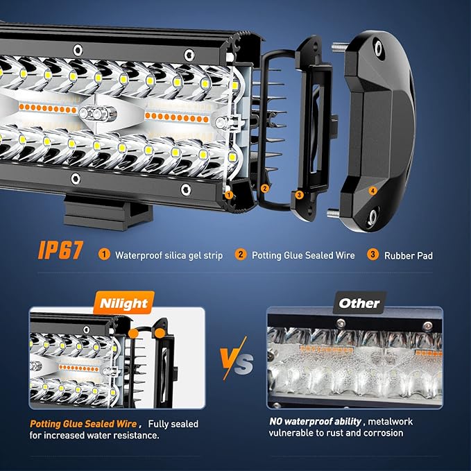 Nilight 26Inch 540W LED Light Bar Spot Flood Amber White Strobe 6 Modes with Memory Function Off-Road Truck Car ATV SUV Cabin Boat with 16AWG Wiring Harness Kit-1 Lead