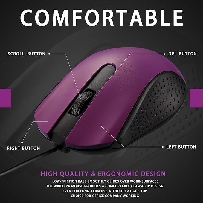 Hoteam 12 Pcs Purple Wired Computer Mouse Bulk Cord USB Computer Mice Ergonomic Wired Mouse for Pcs, Computers, Laptops, Gaming Office Home Supplies
