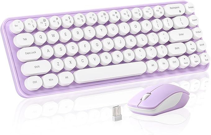 i68 Wireless Typewriter Keyboard and Mouse Combo,Purple Keyboard with 2.4GHz Connection, Cute Retro Aesthetic Design Round Keycaps for Tablet, Phone, PC and Win/Mac/Android(Purple)