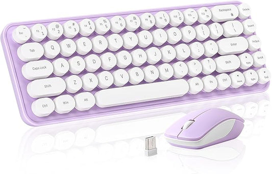 i68 Wireless Typewriter Keyboard and Mouse Combo,Purple Keyboard with 2.4GHz Connection, Cute Retro Aesthetic Design Round Keycaps for Tablet, Phone, PC and Win/Mac/Android(Purple)