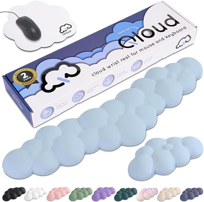 Create-ables Qloud Cloud Wrist Rest Keyboard Wrist Rest for Computer Keyboard Pad, Cloud Keyboard Wrist Rest, Wrist Pad for Keyboard, Memory Foam, Non Slip Base, Comes with Mouse Pad - Light Blue