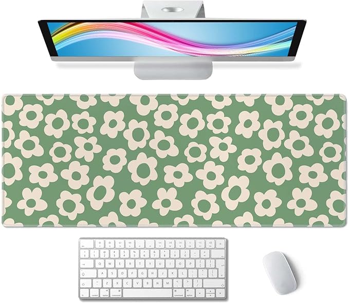 Vintage Groovy Green Flowers Gaming Mouse Pad,Extended Large Mouse Mat Desk Pad,Big Computer Keyboard Desk Pad,Stitched Edges Mousepad,3mm Thick Long Non-Slip Rubber Base Mice Pad, 31.5 X 11.8 Inch