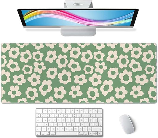 Vintage Groovy Green Flowers Gaming Mouse Pad,Extended Large Mouse Mat Desk Pad,Big Computer Keyboard Desk Pad,Stitched Edges Mousepad,3mm Thick Long Non-Slip Rubber Base Mice Pad, 31.5 X 11.8 Inch
