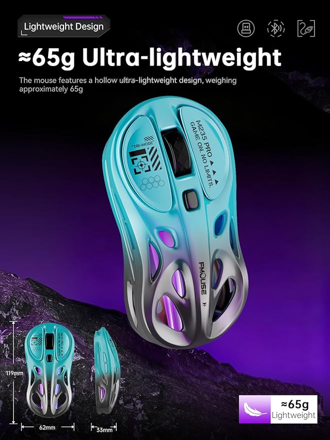 Tri-Mode Wireless Mouse (2.4G/Bluetooth/Wired), 4800 DPI, Macro Programming, RGB, Rechargeable Type-C for Mac/Laptop/iPad (Gaming Focus) - Turquoise & Gray Gradient