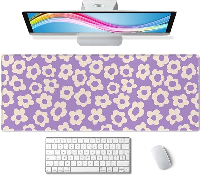 Vintage Groovy Purple Flowers Desk Mat, Extended Big Mouse Mat for Home and Office, Large Gaming Mousepad Laptop Keyboard Mat with Non-Slip Rubber Base, Stitched Edges (31.50"x11.8"x0.12")