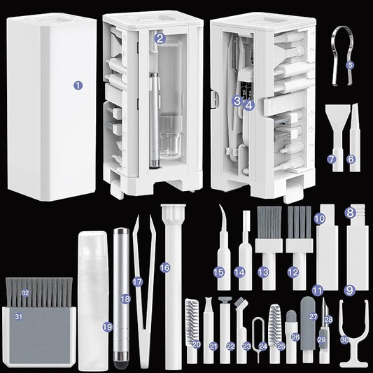 Cleaning Kit for Phone Headphone 32 in 1 Multi-Functional Electronics Cleaning Kits for Cell Phones, Computer, Monitor, Earbuds, Laptop, Camera, Lens Portable White Cleaning Kit Tool by Hallocool
