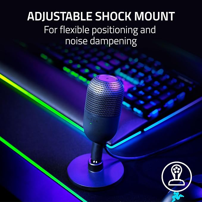 Razer Seiren V3 Mini USB Microphone: Condenser Mic - Supercardioid Pickup Pattern - Tap-to-Mute Sensor with LED Indicator - Shock Absorber - Ultra Compact - PC, Discord, OBS Studio, XSplit - Black