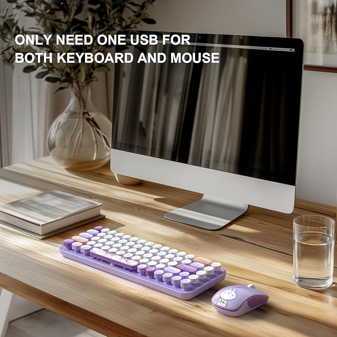 FOPETT Wireless Keyboard and Mouse Cute Mouse and Keyboard 2.4G Wireless Keyboards with Colorful 68 Keys Typewriter Retro Round Keycap for PC, Laptop,Tablet,Computer Windows - Purple Colorful