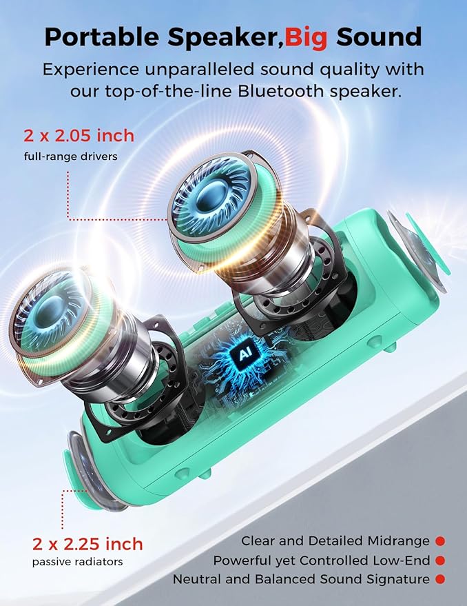 Bluetooth Speaker with HD Sound, Portable Wireless, IPX5 Waterproof, Up to 20H Playtime, TWS Pairing, BT5.3, for Home/Party/Outdoor/Beach, Electronic Gadgets, Birthday Gift (Teal)