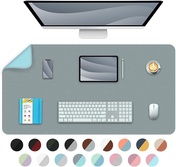 Bleswin Multifunctional Large Desk Mat, Double Sided Computer Desk pad, Extended Mouse Mat, Office Desk Protector with Waterproof PU Leather, 35.4''×16.9'', Office Home Writing Pad (Grey+Light Blue)