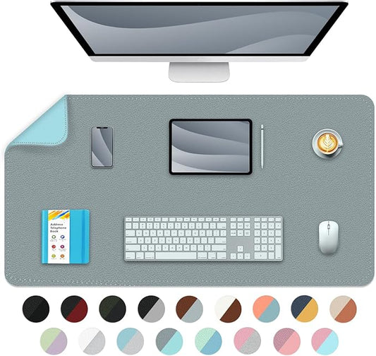Bleswin Multifunctional Large Desk Mat, Double Sided Computer Desk pad, Extended Mouse Mat, Office Desk Protector with Waterproof PU Leather, 35.4''×16.9'', Office Home Writing Pad (Grey+Light Blue)