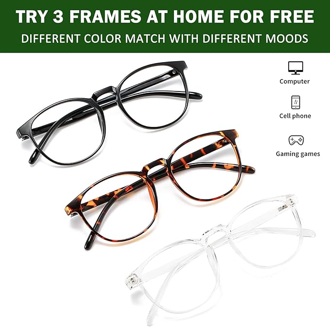 Przene 3 Pack Blue Light Blocking Glasses Women/Men,Retro Round Computer Glasses Anti Eye Strain/UV/Glare, Gaming Glasses. (Black/Crystal/Amber)