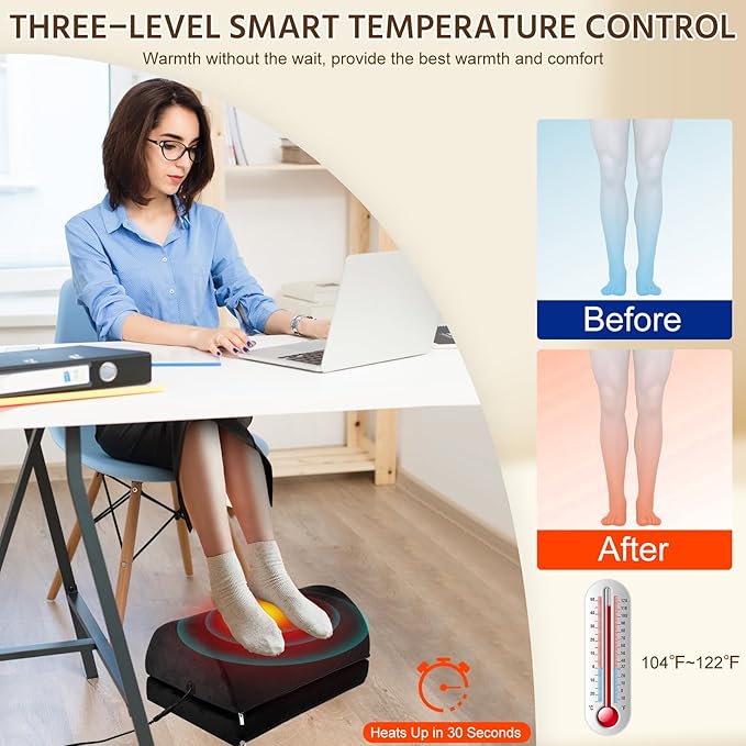 Heated Foot Rest Under Desk at Work, Office Desk Accessories Under Desk Footrest with Adjustable Height and Washable Cover, Removable Heating Accessories Foot Stool with Handle, Black