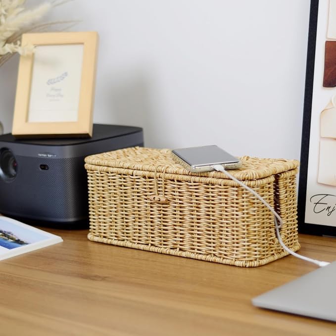 BROWNLILY Cable Management Box, Rattan Style Cord Organizer for Desk Cord Hider Outlet Covers Baby Proofing for Power Strip TV PC Router Charger Under Desk Storage - Natural Small - Image 6
