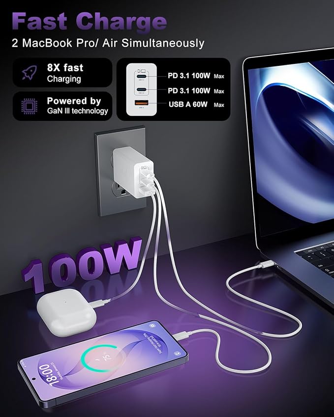 USB C Charger Block 100W, 3-Port GaN Super Fast Phone Charger, Type C 65W Laptop Chargers with 10ft USB C Charging Cable for MacBook Pro/Air,iPad Pro, iPhone 17/16/15Pro, S26 Ultra/S25/S24[2 Pack]