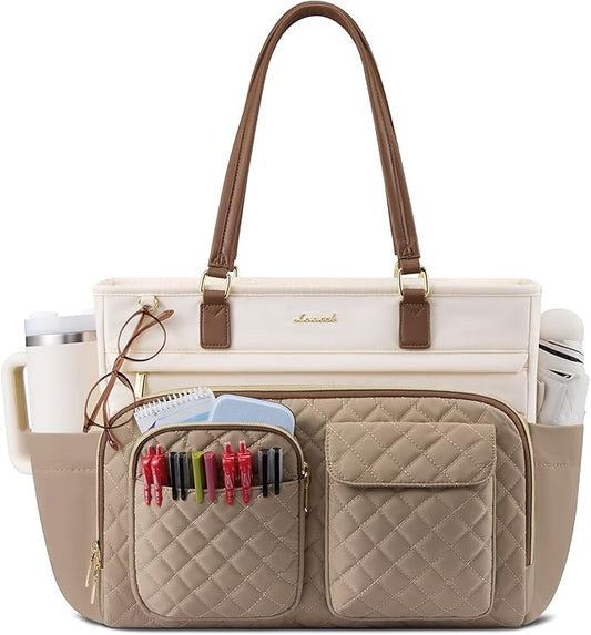 LOVEVOOK Tote Bag, Work Bags for Women with Large Cup Holder, Large Capacity Teacher Tote with Multi Pockets, Nurse Diaper Tote with Padded Laptop Compartment, 17.3 Inch Khaki Beige