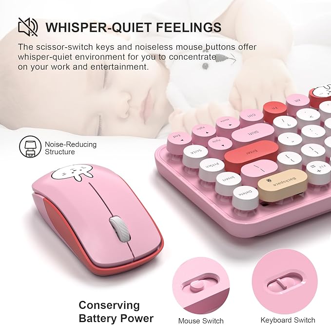 FOPETT Wireless Keyboard and Mouse Cute Mouse and Keyboard 2.4G Wireless Keyboards with Colorful 68 Keys Typewriter Retro Round Keycap for PC, Laptop,Tablet,Computer Windows - Pink Colorful