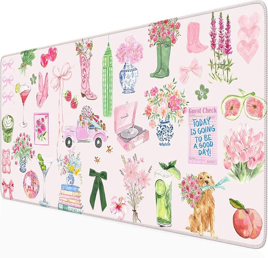 Pink Pastel Floral Desk Mat Cute Kawaii Retro Vintage XXL Large Mouse Pad Flower Desk Pad Mat Laptop Computer Keyboard and Mouse Mat Aesthetic Office Decor for Women Girl Teacher