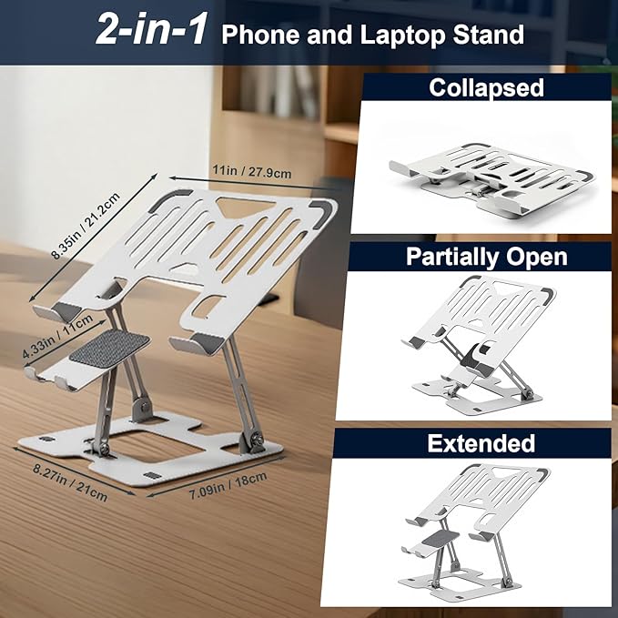 Alloy Steel Laptop Stand, Ergonomic 2-in-1 Laptop & Phone Stand, Adjustable & Portable Laptop Stand for Desk, Computer Stand, Compatible with MacBook Pro/Air and More 10-18" Laptops - Silver