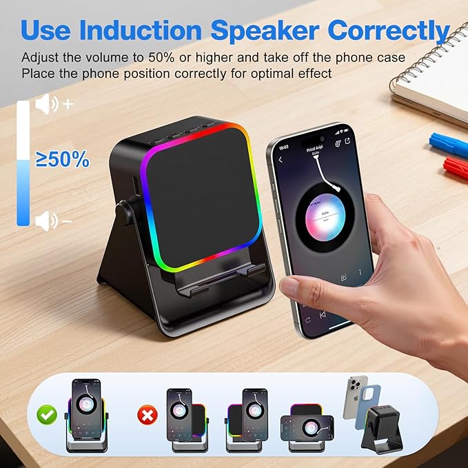 TARKARI Wireless Induction Speaker, 5 in 1 Bluetooth Speaker with Phone Stand, Charging Function 360° Rotation Phone Holder Compatible with iPhone Android iPad Samsung, Birthday Gifts for Men Women