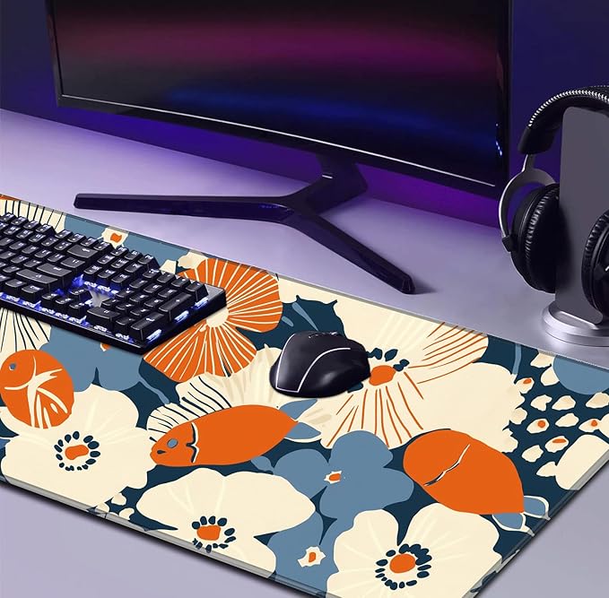 Cute Anime Flower Mouse Pad, Women's Office Desk Accessory Decoration, Expanded Mouse Pad 35.4 x 15.7 x 0.12 Inch Sewn Edge Non Slip Rubber Base