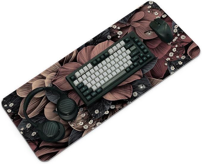 Gaming Mouse Pad, Large 31.5 x 11.8 inches Mousepad, Long Keyboard Pad, Cute Mouse Mat for Computer with Stitched Edges and Non-Slip Base (Brown Flowers)