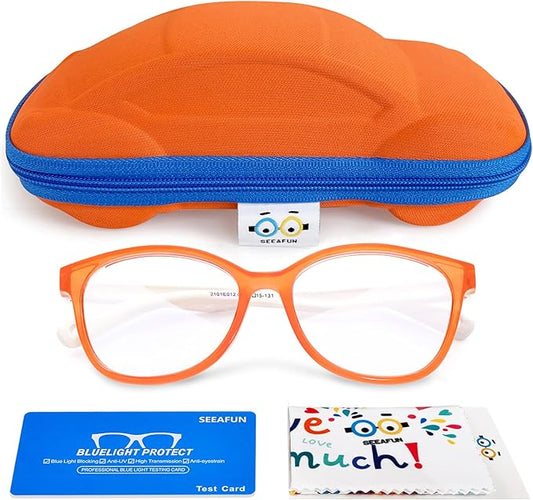 Blue Light Glasses for Kids Girls Boys with Cute Car Case, UV400 Protection, Anti Blue Ray Age3-12 Computer Game Glasses (Orange&White)