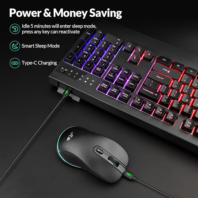 Rii RK210 Wireless Keyboard and Mouse Combo,2.4GHz Full Size Rechargeable Gaming RGB Keyboard and Mouse for Gaming,Office