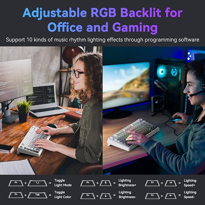 TECURS 75% Mechanical Keyboard for Gaming & Office, Creamy Sound, Gasket Mount, Hot-Swap RGB Backlit 81 Keys Keyboard for Laptop/PC/Mac, 2.4G/Bluetooth/Wired Mode, Gradient Grey