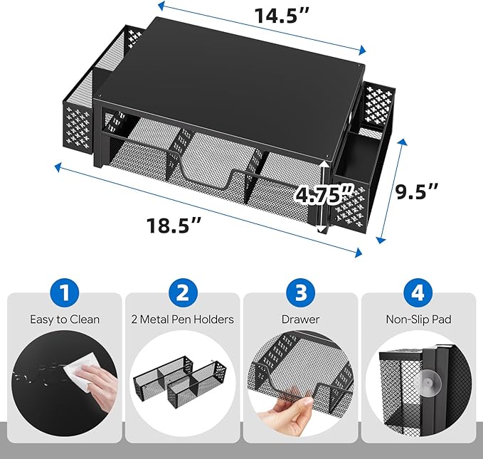 Simple Trending Desk Organizer and Accessories, Computer Metal Monitor Stand Riser with Drawer and Pen Holder for Laptop, Computer, iMac, Black