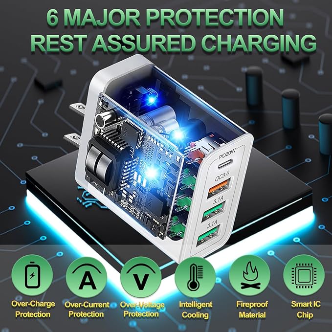40W QC3.0 USB C Charger Block, CARZONJX 4 Port PD+QC Power Adapter Fast Charging Blocks USB C Wall Plug Multiport for iPhone 15 14 13 12 11 XS XR X 8, iPad, Galaxy, Tablet, Notebook