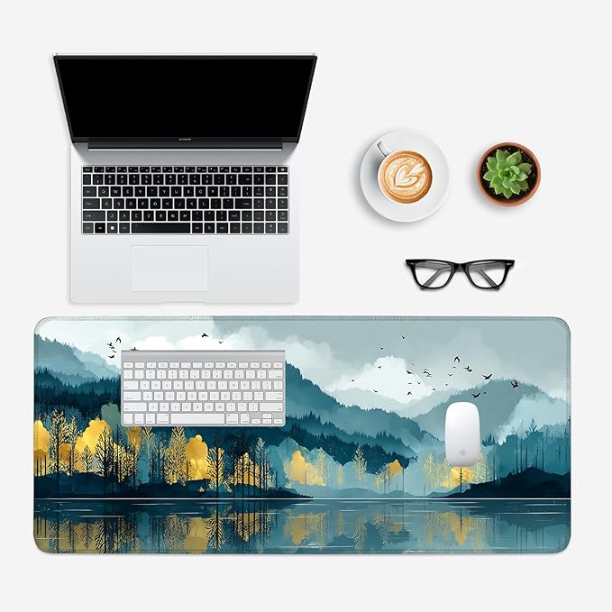 Mouse Pad, Large Anti-Slip with Stitched Edges Desk Mat Desktop Laptop Computer Desk Keyboard Mat,Table Protector Blotter Mat (Lake, 35.4" x 15.7")