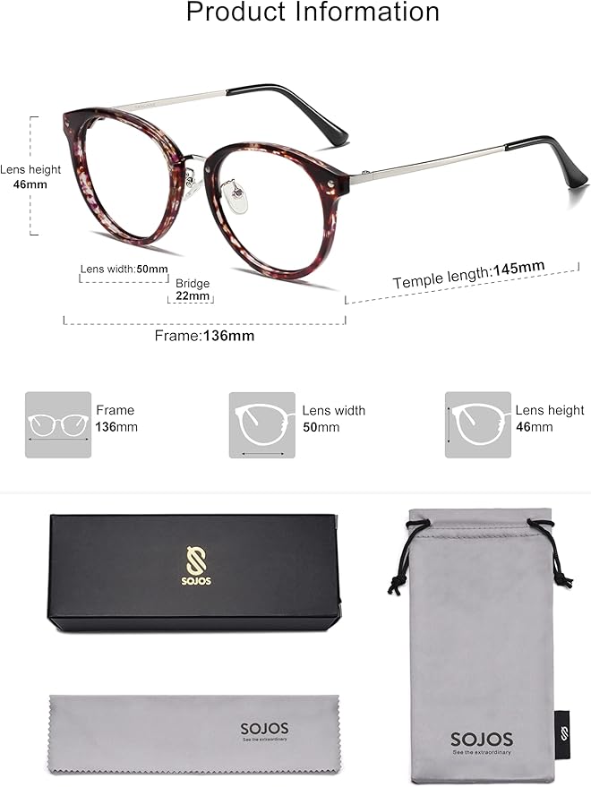 SOJOS Retro Round TR90 Blue Light Reading Glasses Womens Mens Readers Computer Glasses Eyewear Frame SJ9001