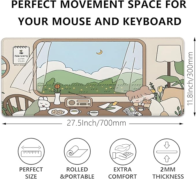 Girl and Rabbit Desktop Mouse Pad, Large Desk Mat, Cartoon Cute Gaming Mouse Pad for Computer Office Home Work (27.5X11.8 in)