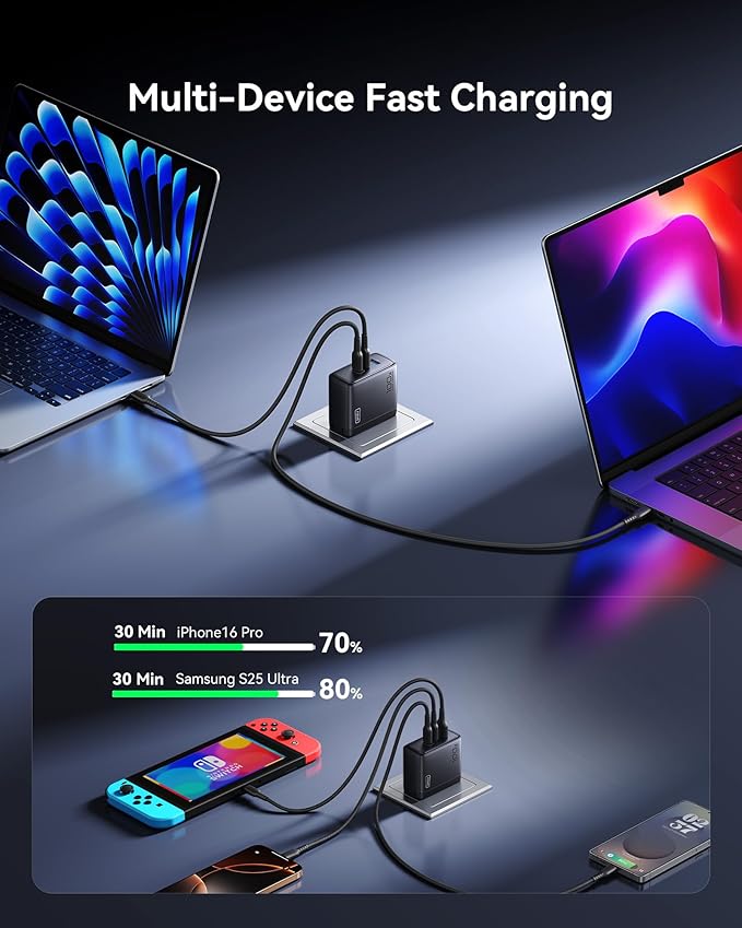INIU iPhone 17 Charger, 3-Port 100W [USB-C + USB-A] Fast Charger, Compact Foldable USBC Cargador for iPhone 17 16, MacBook Air, IPad, Samsung S25, Switch, Students, Kid, Backpacking, Hiking etc
