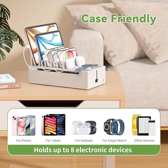 Pezin & Hulin Bamboo Charging Dock Station for Electronic Devices, Docking Organizer for Phone and Tablets, Smart Watch, Earbuds, Power Strip Box (Included 5-Port USB Charger and 6 Cables) -White