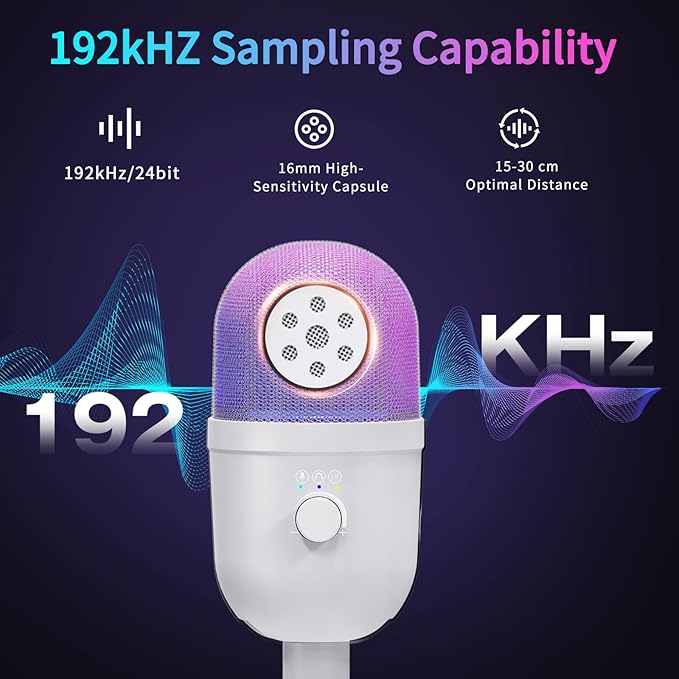 USB Gaming Condenser Microphone for PC/Desktop,192kHz/24Bit,Noise Cancellation,Monitoring,Quick Mute & RGB Lighting,USB PC Mic for Laptop,Podcast,Streaming,Recording White