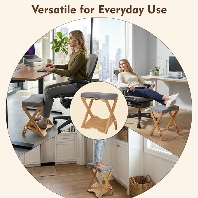 Double Step Footrest Under Desk,6 Adjustable Heights with Adjustment Knob,Adjustable lErgonomic Foot Stool Under Desk for Home &Office,Cushioned Top &Non-Slip Surface,Excellent Bamboo Wood