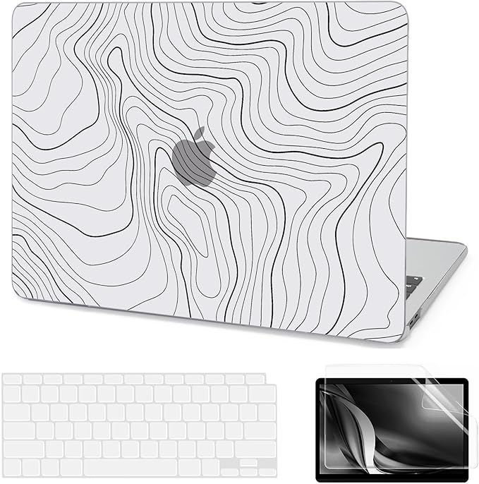 AKIT Compatible with MacBook Air 13 Inch Case M1 2022 2020 2019 2018 A2337 A2179 A1932, Unique Pattern Hard Shell Laptop Case+Screen Protector+Keyboard Cover for MacBook Air 13.3 Inch, Contour Line