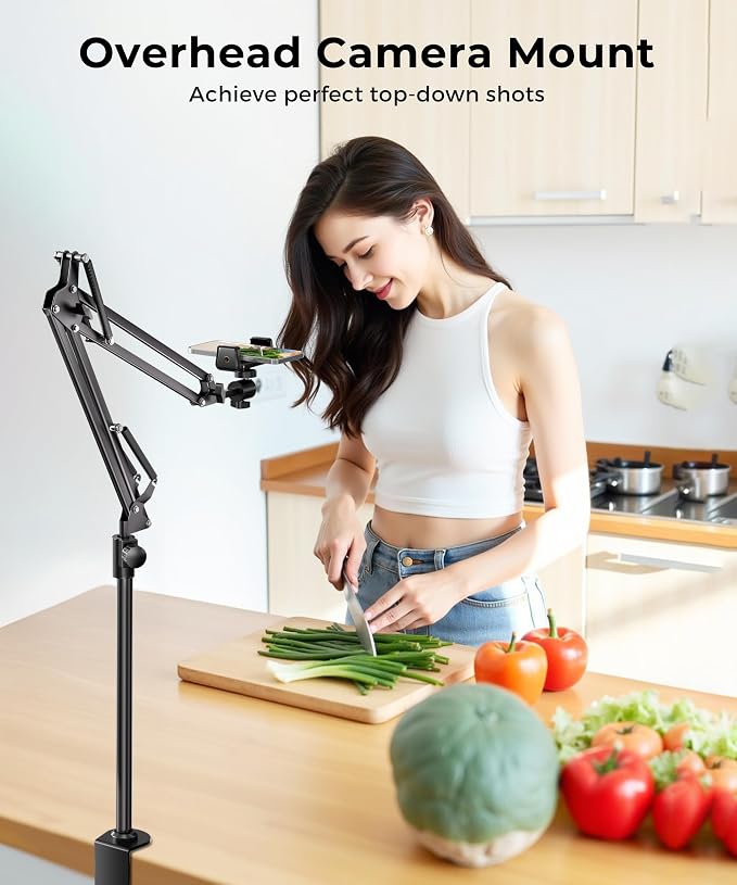 UBeesize Overhead Camera Mount with 360° Adjustable Arm & Phone Holder for TikTok Live Streaming Photography Studio Content Creation, Desk Mount for DSLR Cameras/Webcam/iPhone/Ring Light/Microphone - Image 2