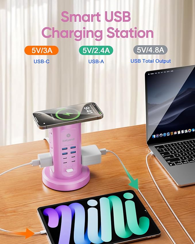 Power Strip Tower, kakyanill Surge Protector Tower 9 AC Outlets 8 USB (4 USB C), 6 Ft Retractable Extension Cord, Charging Station for Office Dorm Room, Purple