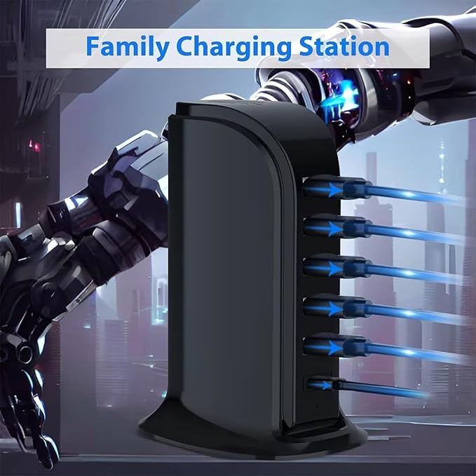 USB Charging Station for Multiple Devices, 40W Multiport Charger Tower, USB-C Port Supports PD Quick Charge Compatible with iPhone, Smartphones, Tablets and Other Devices (Black)