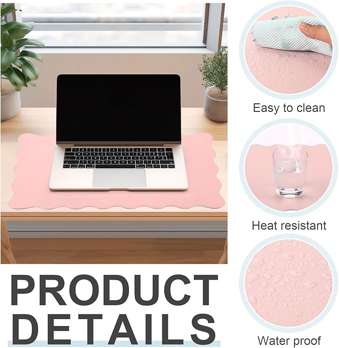 Scalloped Desk Mat Leather Desk Pad Protector Non-Slip PU Leather Table Protector Waterproof Mouse Pad Keyboard Mat Curly Mousepad PC Accessories Gift for Office Home(Light Pink)