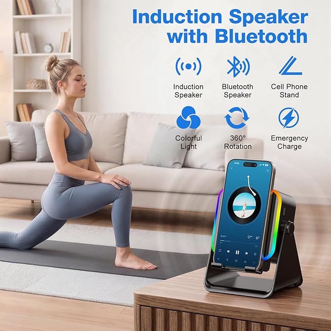 TARKARI Wireless Induction Speaker, 5 in 1 Bluetooth Speaker with Phone Stand, Charging Function 360° Rotation Phone Holder Compatible with iPhone Android iPad Samsung, Birthday Gifts for Men Women