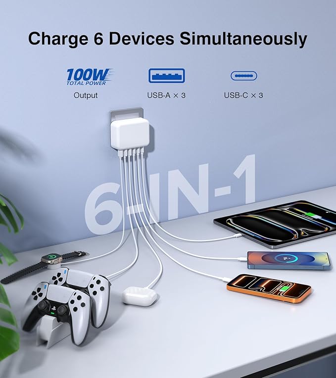 100W USB C Wall Charger Block, 6 Port Fast Charger Plug Adapter with PD USB-C + QC USB A Multiport Type C Charging Block Station Cube Hub for iPhone 17 16 15 14 13 12 Pro Max XR XS 8 7, Samsung